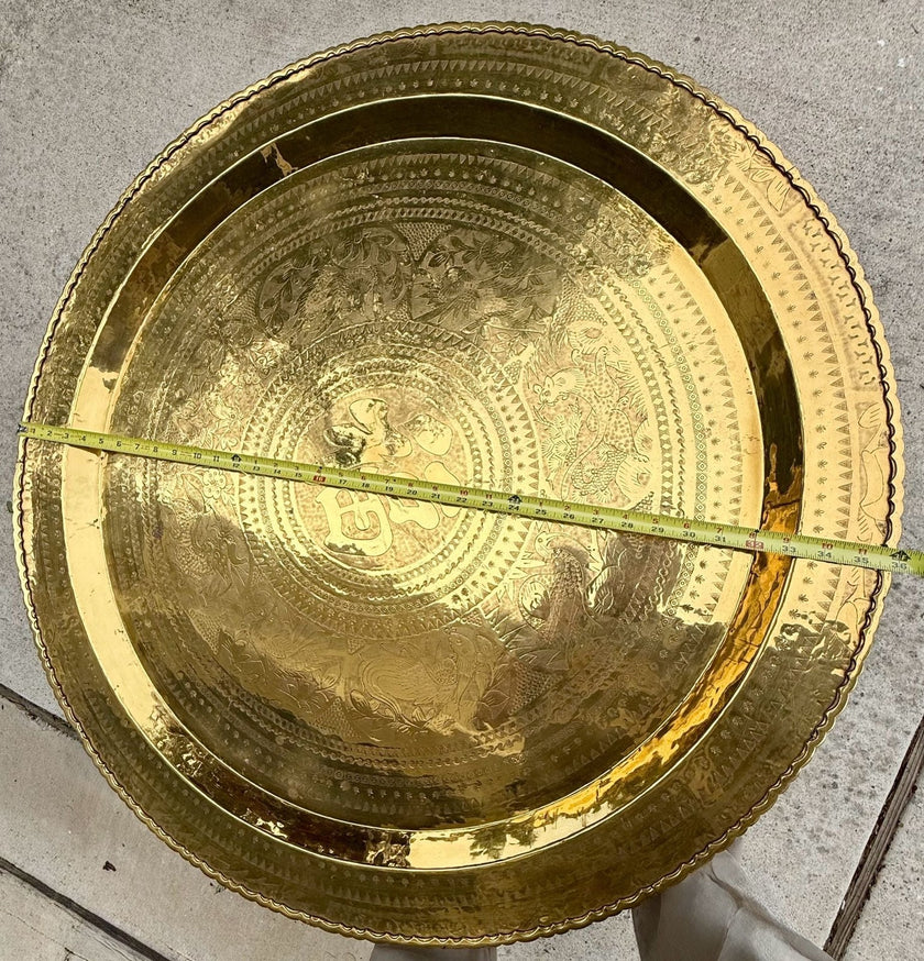 Vintage Mid-Century Brass Engraved Blessing Tray Table with Mahogany Folding Base