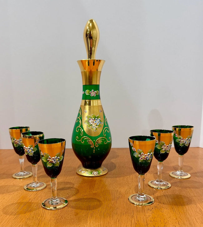 Vintage Bohemian Emerald Green Glass Decanter & Cordial Set Hand-Painted