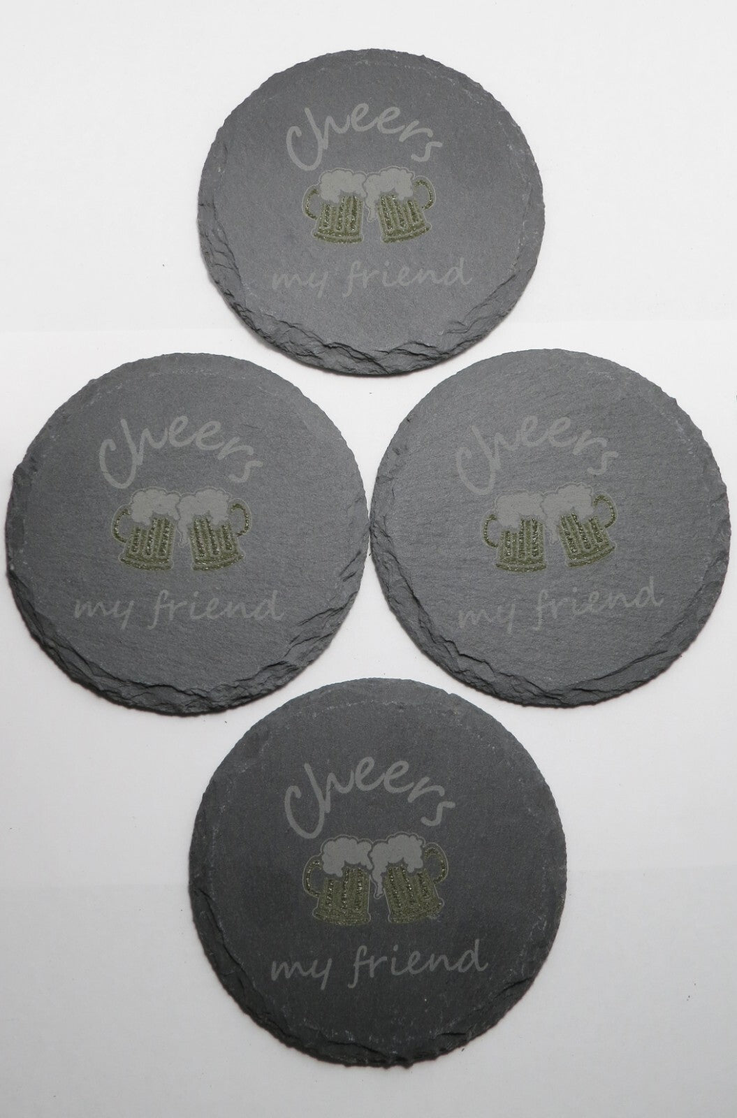 Set of 4 Round Laser Engraved Slate Coasters Cheers My Friend Mugs Multicolor
