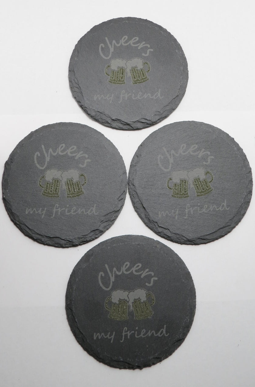 Set of 4 Round Laser Engraved Slate Coasters Cheers My Friend Mugs Multicolor