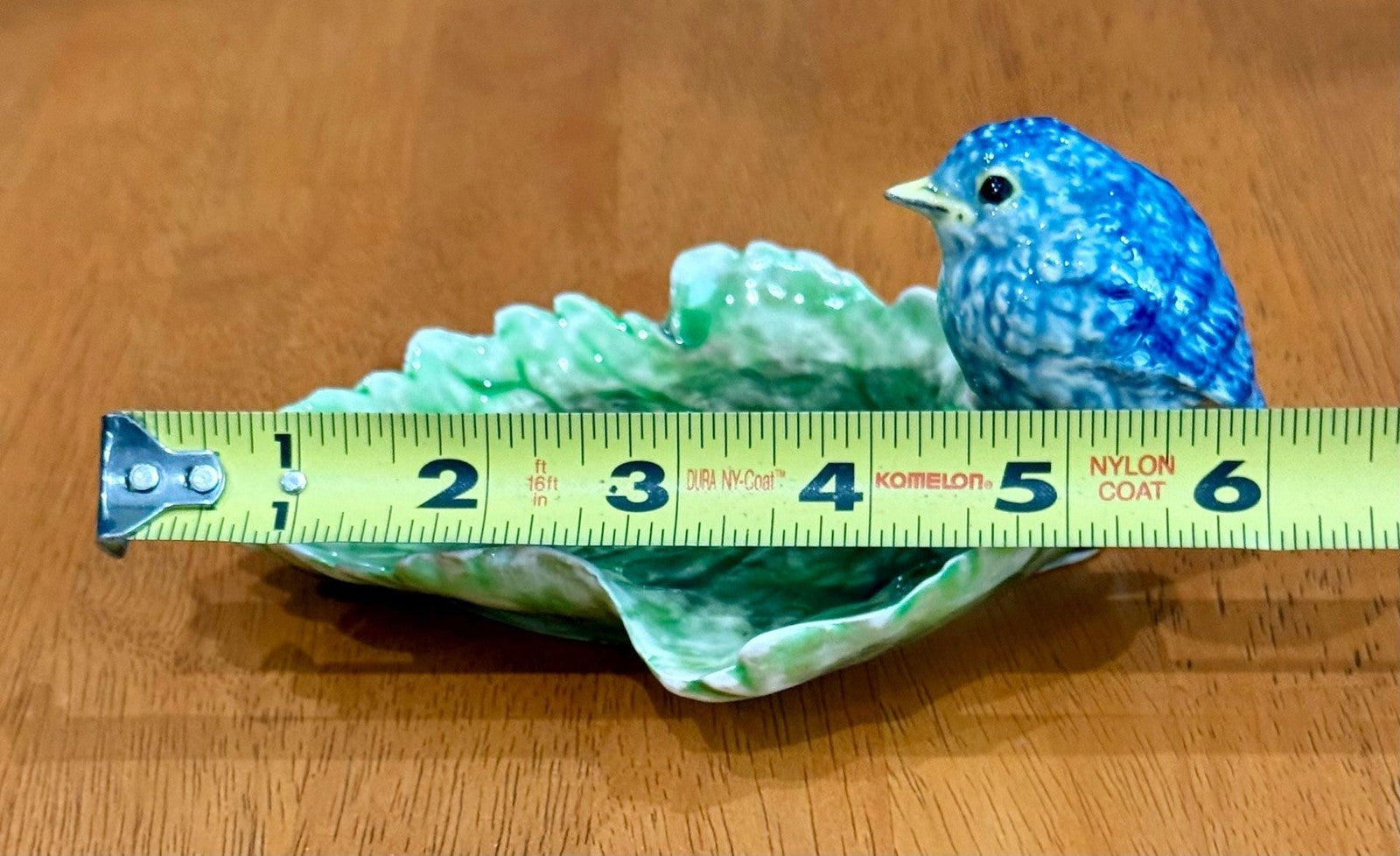 Vintage Freeman-Leidy Laguna Beach CA Majolica Green Leaf Trinket Dish Blue Bird