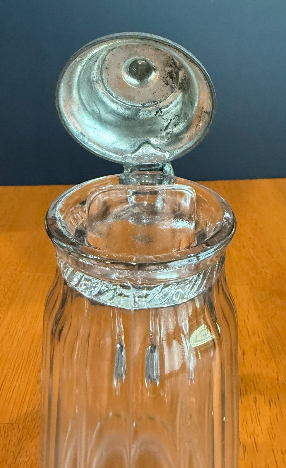Vintage Glass Syrup Pitcher Metal Flip-Top Lid Vertical Ribbed Design
