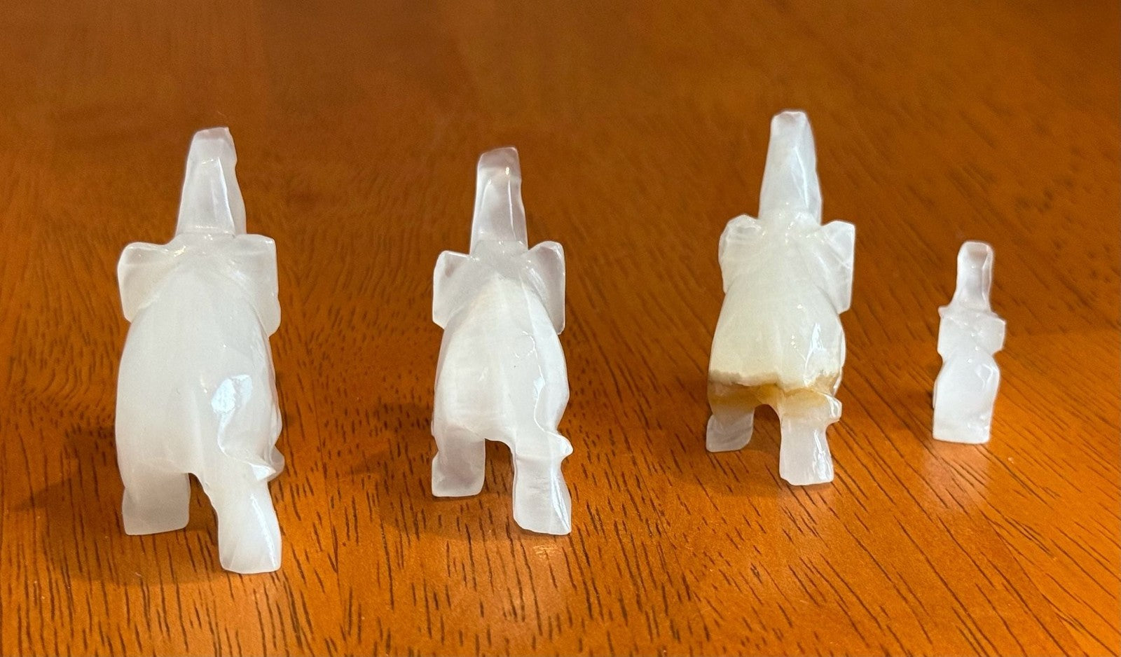 Set of 4 Vintage Hand Carved White Onyx Stone Elephant Figurines Raised Trunk