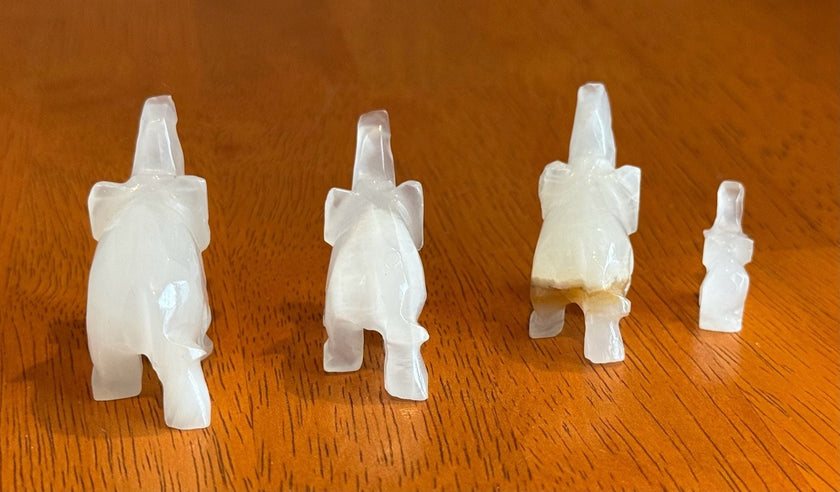 Set of 4 Vintage Hand Carved White Onyx Stone Elephant Figurines Raised Trunk