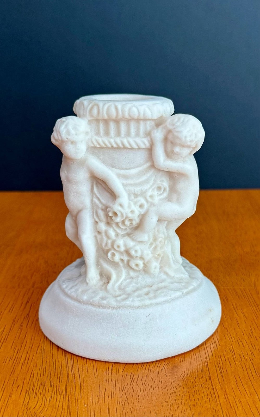 Antique 1900s Salt Dough Figural Cherub White Candlestick Holder
