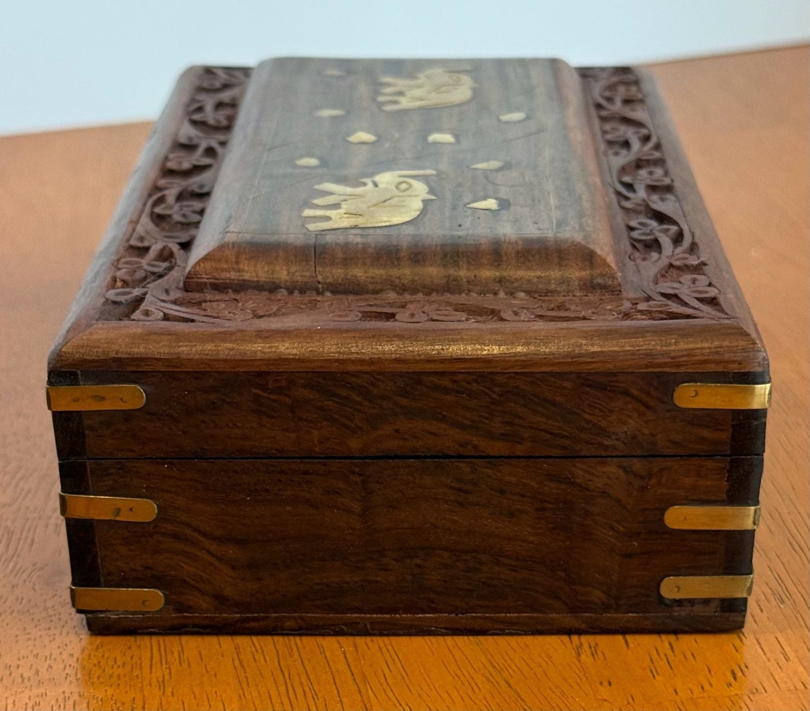 Vintage Hand Carved Wooden Jewelry Box with Brass Elephant Inlay 8x5