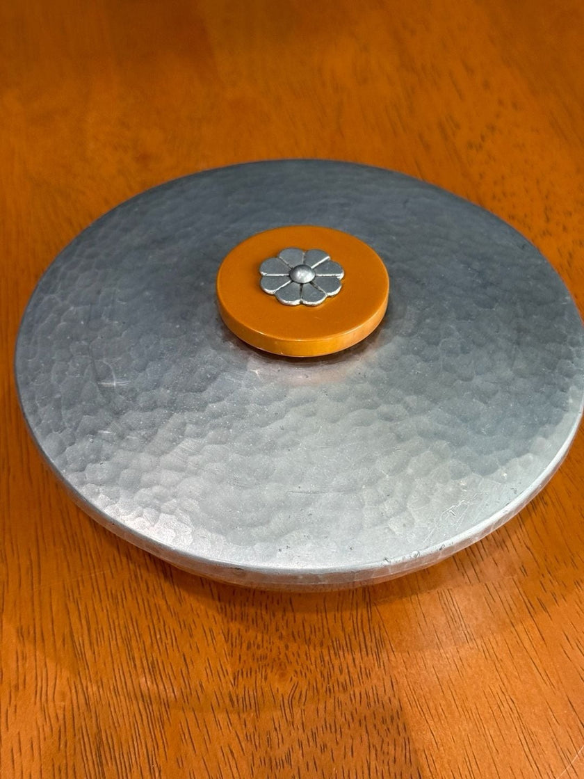 Vintage Buenilum Handwrought Hammered Aluminum Trinket Dish with Bakelite Flower