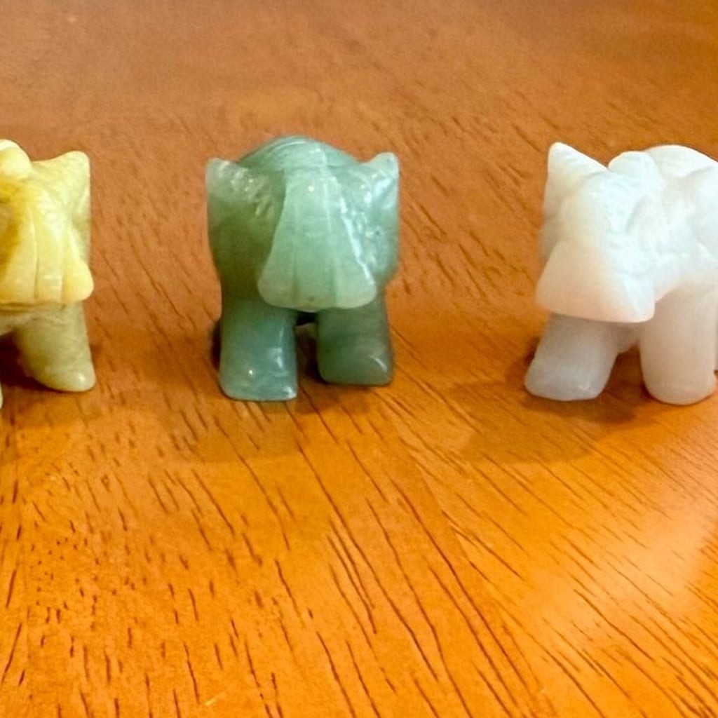 Set of 5 Vintage Hand Carved Gemstone and Quartz Elephant Figurines