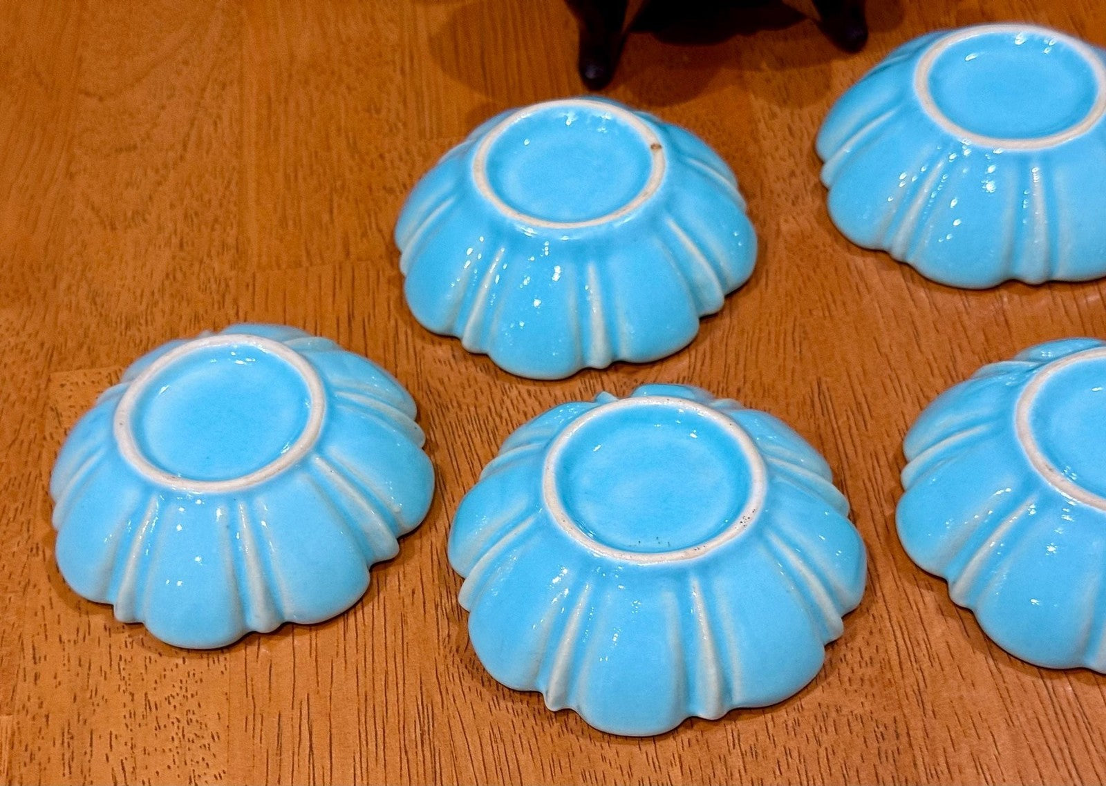 Set of 7 Vintage Turquoise Blue Glazed Ceramic Scalloped Salt Cellar Dip Bowls