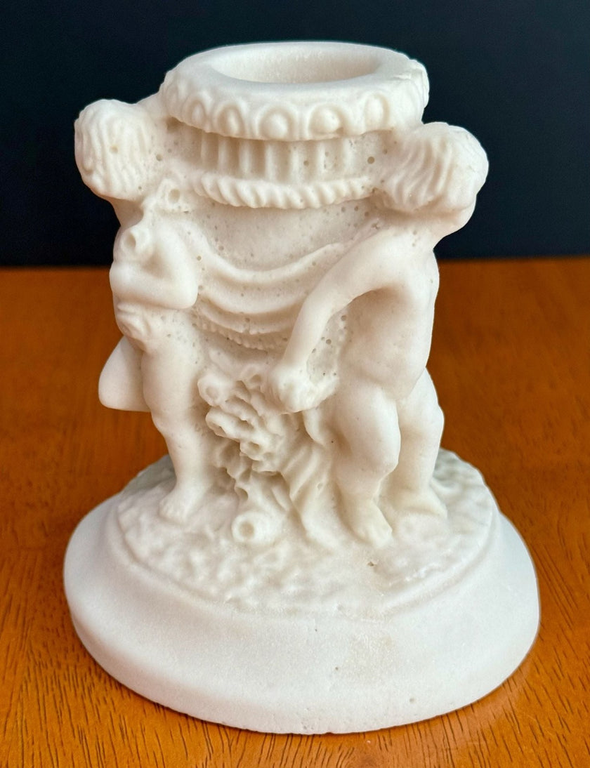 Antique 1900s Salt Dough Figural Cherub White Candlestick Holder