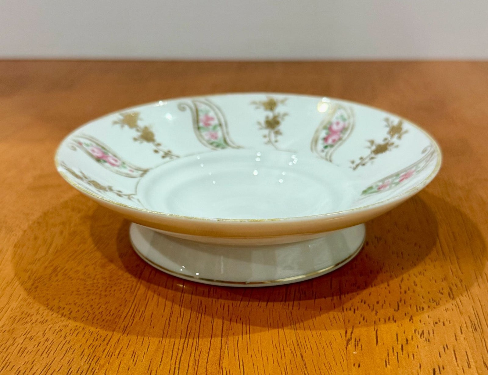 Vintage Hand-Painted Nippon Footed Saucer/Bowl with Pink Roses Gold Trim