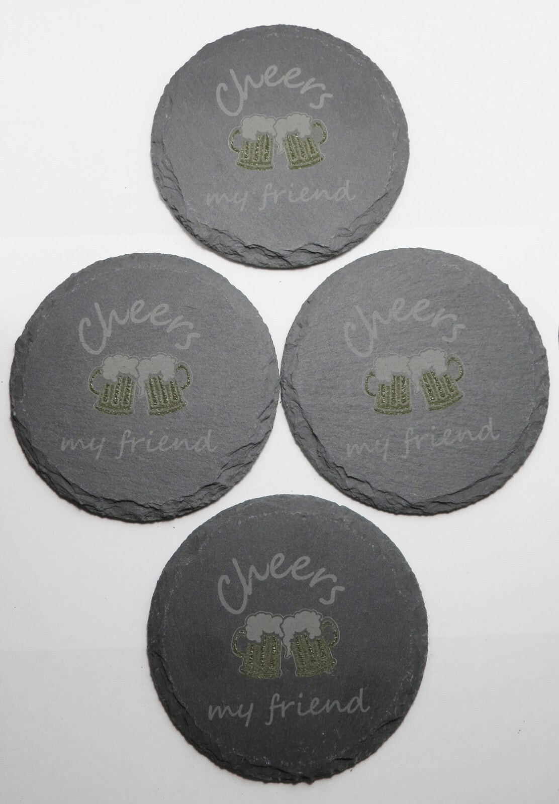 Set of 4 Round Laser Engraved Slate Coasters Cheers My Friend Mugs Multicolor
