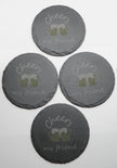 Set of 4 Round Laser Engraved Slate Coasters Cheers My Friend Mugs Multicolor