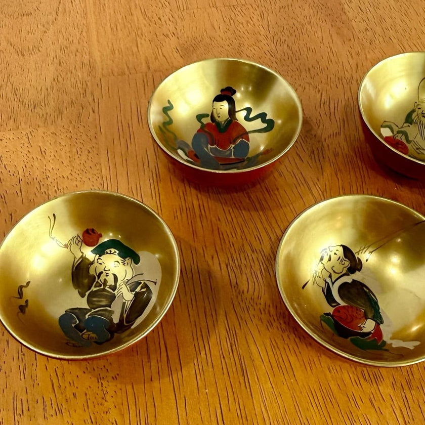 Vintage Japanese Seven Lucky Gods Lacquerware Sake Cup Set of 5