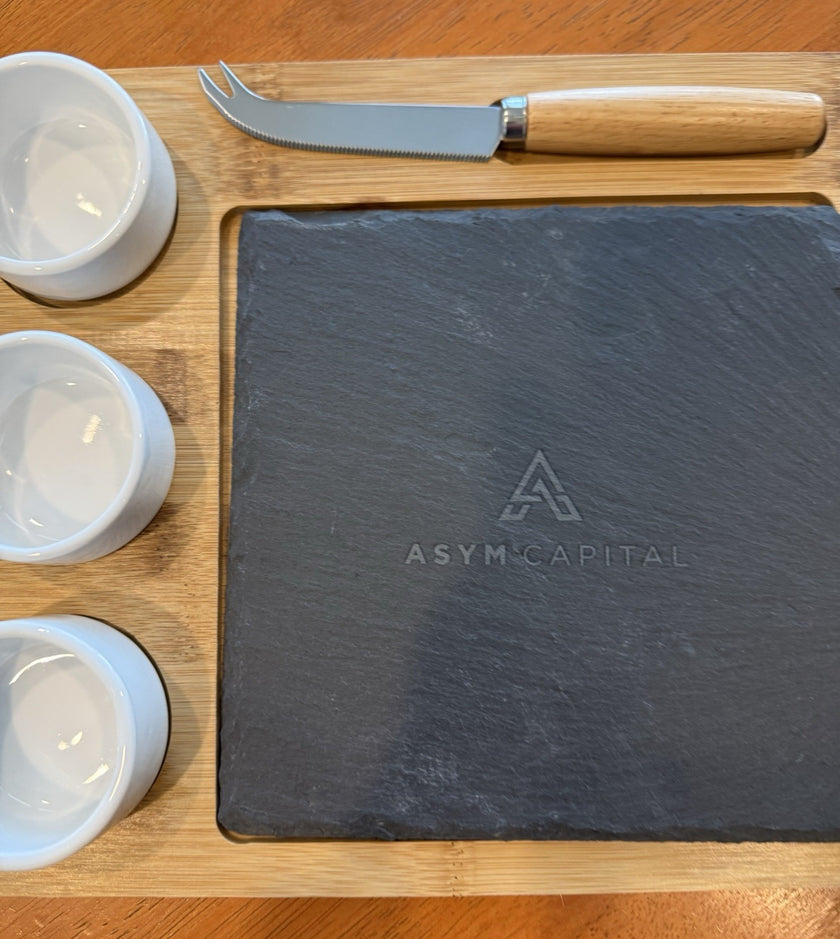 Cheese & Dip Serving Set Bamboo Board 3 Ramekins Slate Square Cheese/Meat Knife