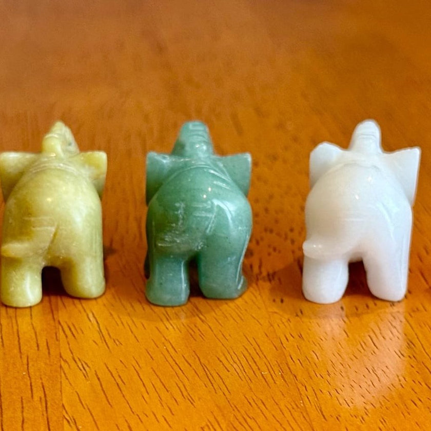 Set of 5 Vintage Hand Carved Gemstone and Quartz Elephant Figurines