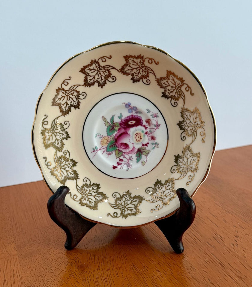 Vintage Foley EB Bone China Saucer Floral Center with Gold Gilt Grapevine Border