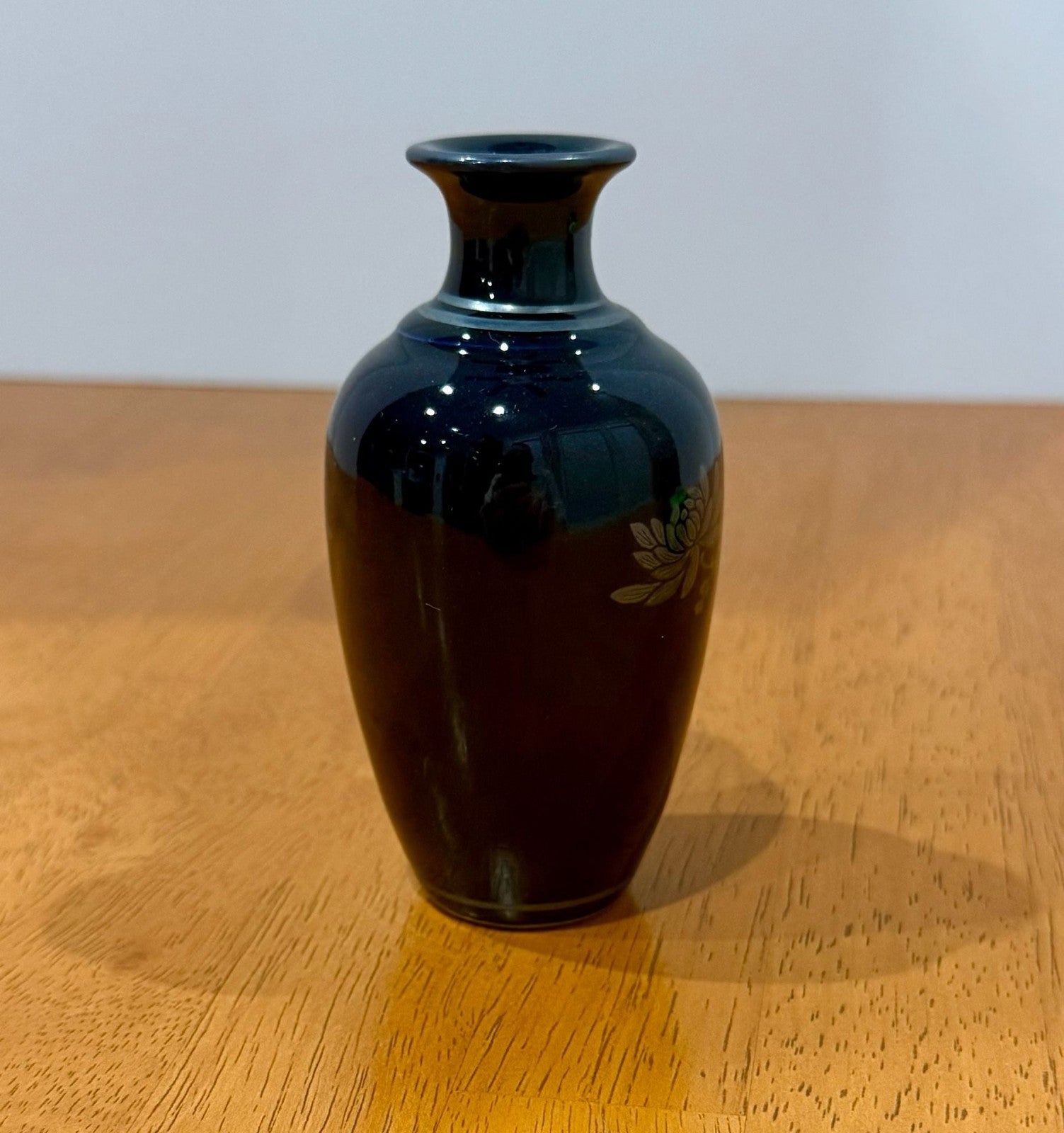 Vintage Japanese Blue Porcelain Miniature Bud Vase Silver Chrysanthemums