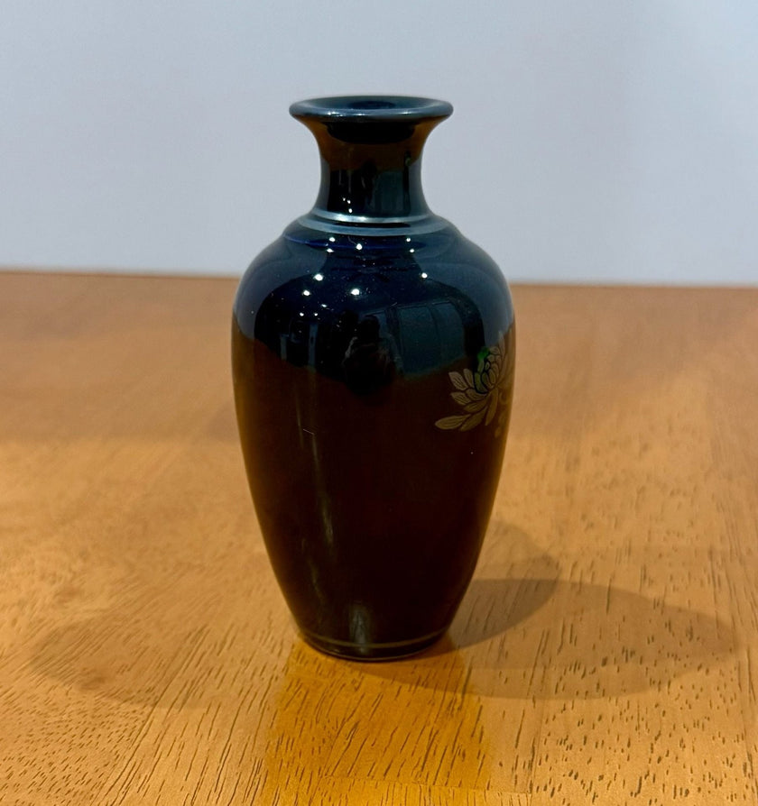 Vintage Japanese Blue Porcelain Miniature Bud Vase Silver Chrysanthemums