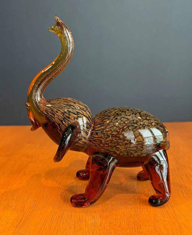 Dynasty Gallery Amber Art Glass Elephant Figurine with Gold Aventurine Flecks