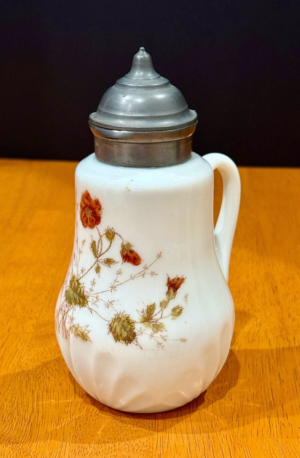 Vintage Milk Glass Floral Pattern Syrup Pitcher Hinged Metal Lid
