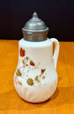 Vintage Milk Glass Floral Pattern Syrup Pitcher Hinged Metal Lid