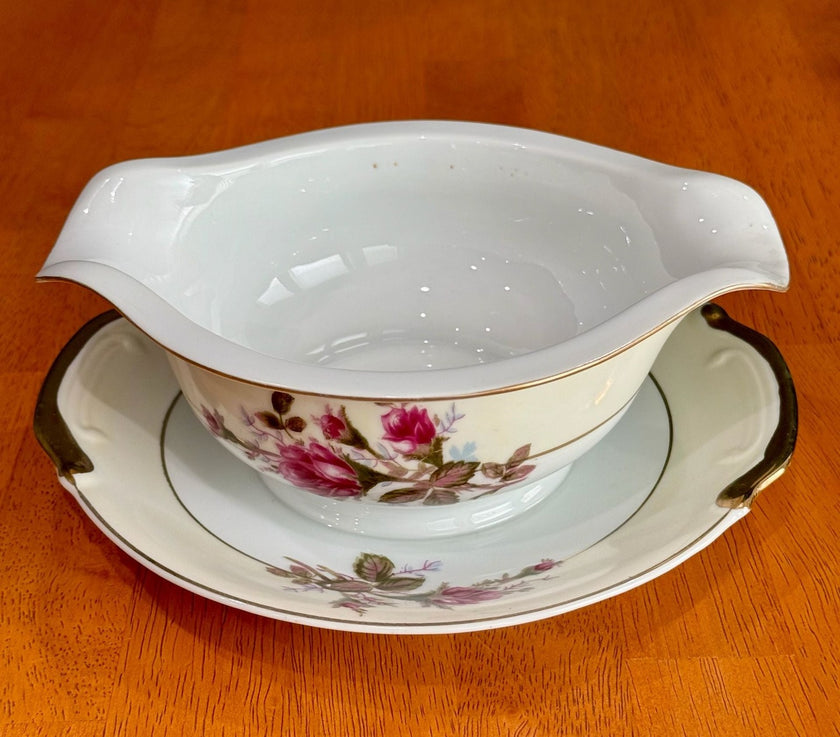Vintage Made in Japan Moss Rose Gravy Boat with Attached Underplate Red White