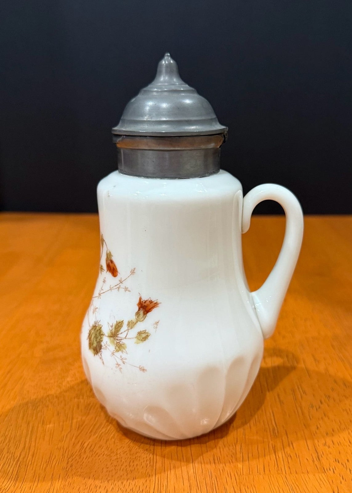 Vintage Milk Glass Floral Pattern Syrup Pitcher Hinged Metal Lid