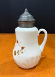 Vintage Milk Glass Floral Pattern Syrup Pitcher Hinged Metal Lid