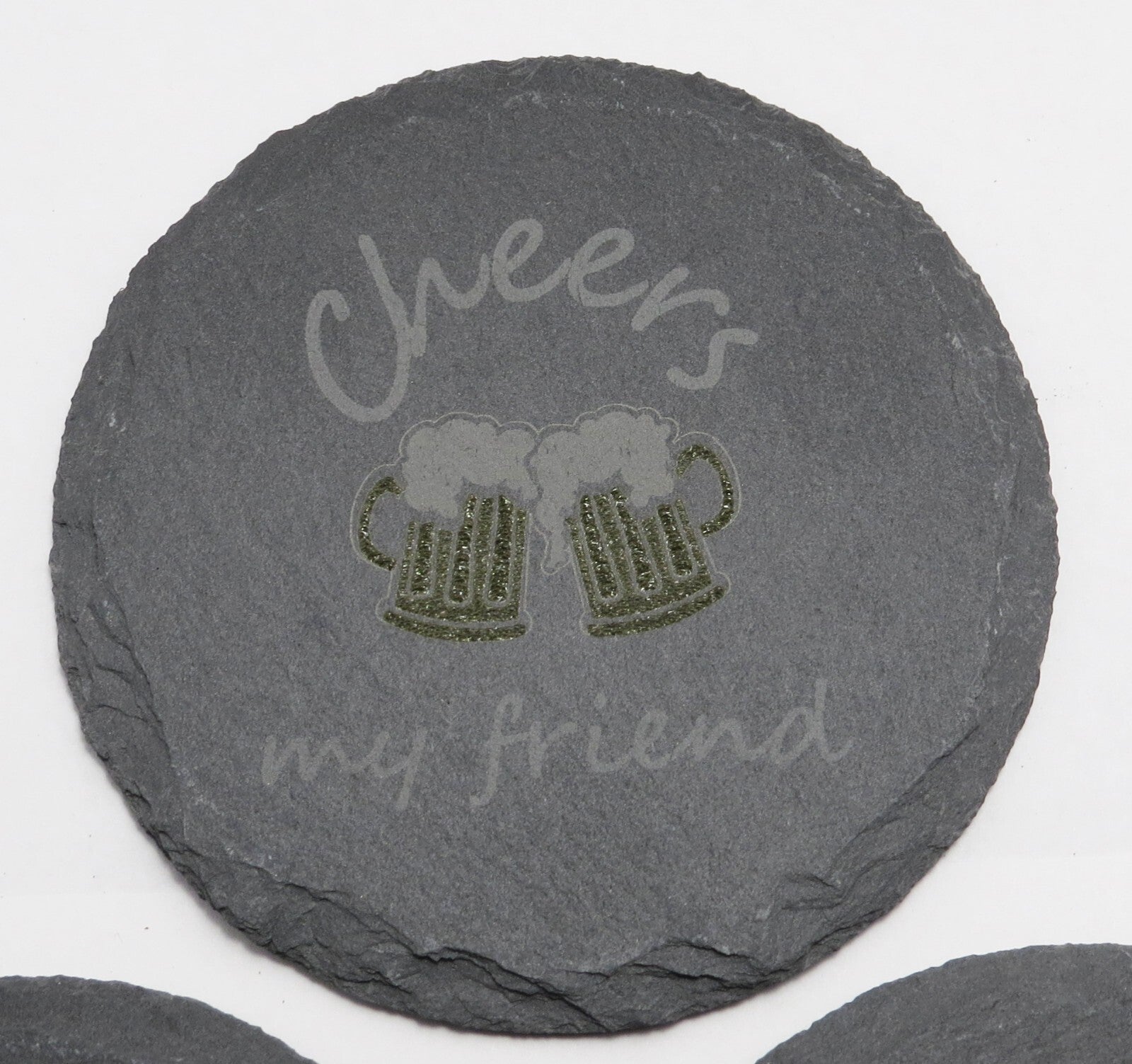 Set of 4 Round Laser Engraved Slate Coasters Cheers My Friend Mugs Multicolor