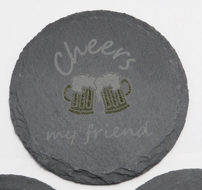 Set of 4 Round Laser Engraved Slate Coasters Cheers My Friend Mugs Multicolor