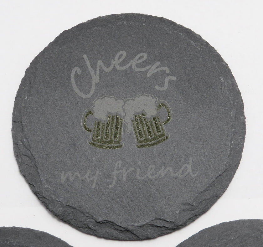 Set of 4 Round Laser Engraved Slate Coasters Cheers My Friend Mugs Multicolor