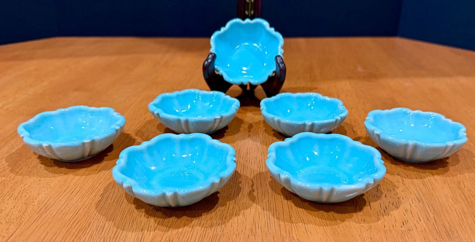 Set of 7 Vintage Turquoise Blue Glazed Ceramic Scalloped Salt Cellar Dip Bowls
