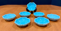 Set of 7 Vintage Turquoise Blue Glazed Ceramic Scalloped Salt Cellar Dip Bowls