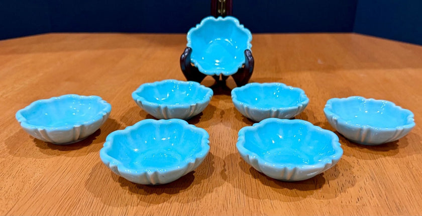 Set of 7 Vintage Turquoise Blue Glazed Ceramic Scalloped Salt Cellar Dip Bowls