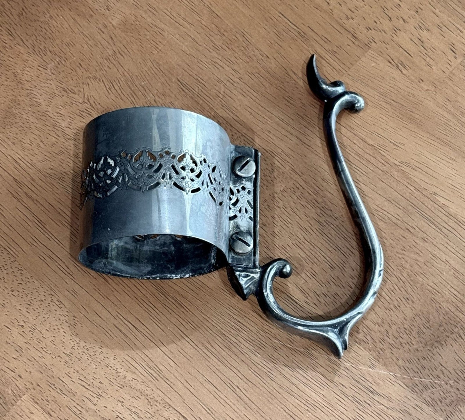 Vintage Silver Plated Filigree Glass Holder or Carafe Collar with Handle
