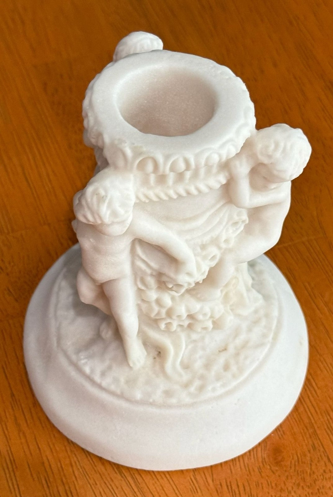 Antique 1900s Salt Dough Figural Cherub White Candlestick Holder