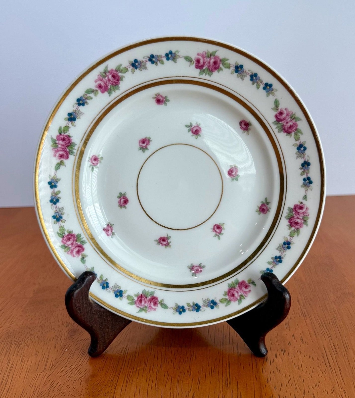Antique D&C Limoges France Porcelain Saucer Pink Rose Blue Flower Garland