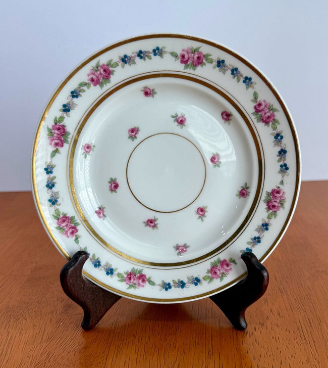 Antique D&C Limoges France Porcelain Saucer Pink Rose Blue Flower Garland