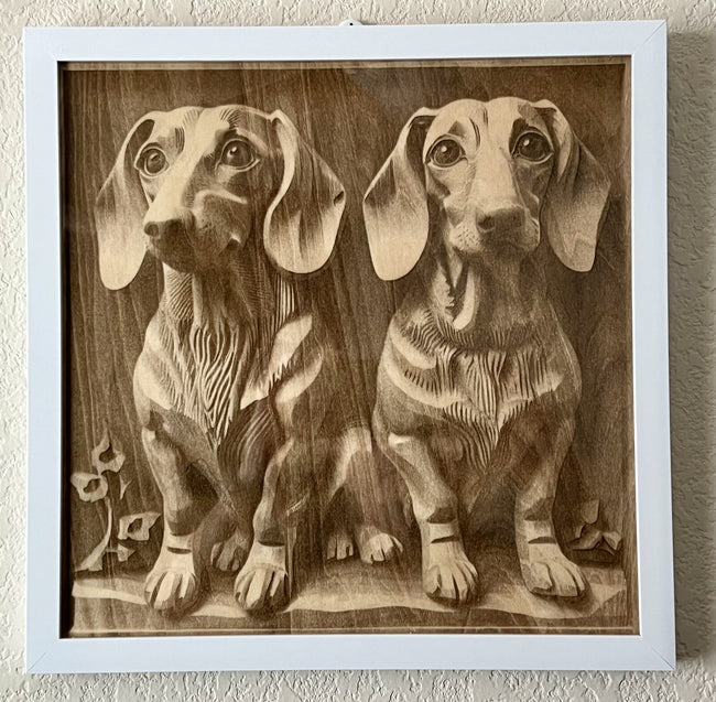 11  X 11 Engraved Art Panel Dachshund Brothers Framed Basswood Engraving