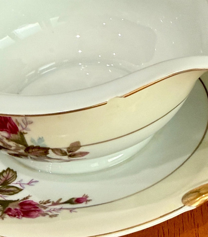 Vintage Made in Japan Moss Rose Gravy Boat with Attached Underplate Red White
