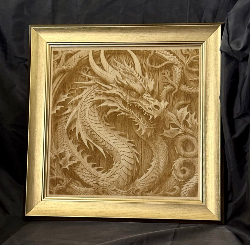 Wood Dragon Laser Engraved Portrait Gold Frame Original Artwork
