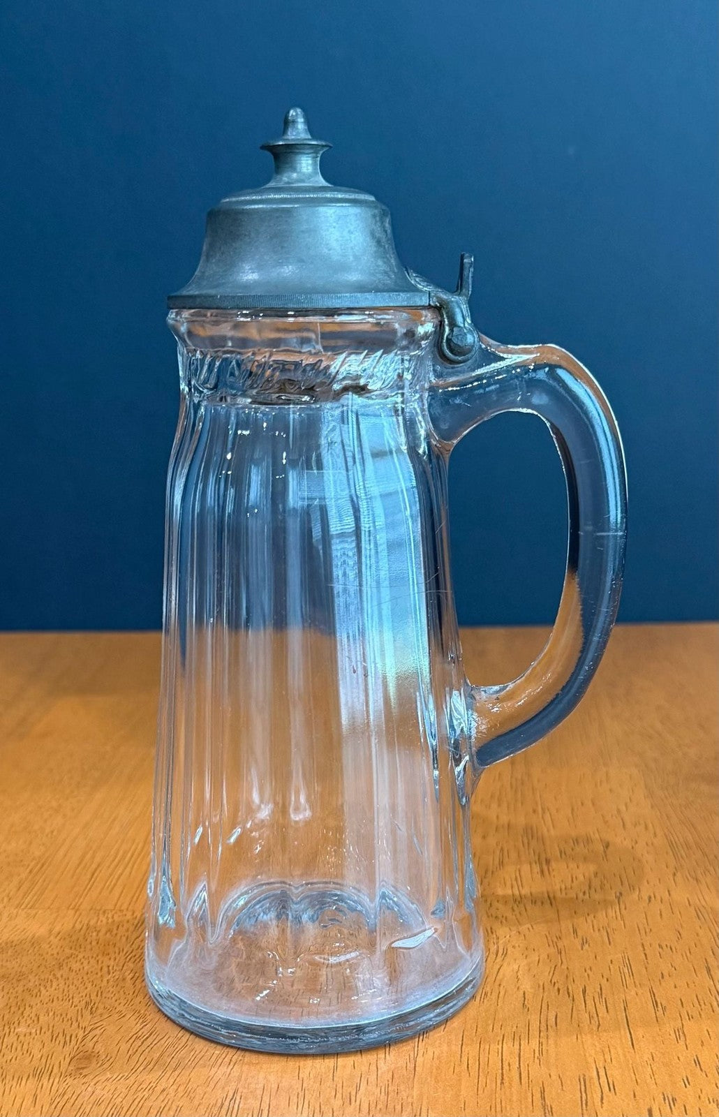 Vintage Glass Syrup Pitcher Metal Flip-Top Lid Vertical Ribbed Design