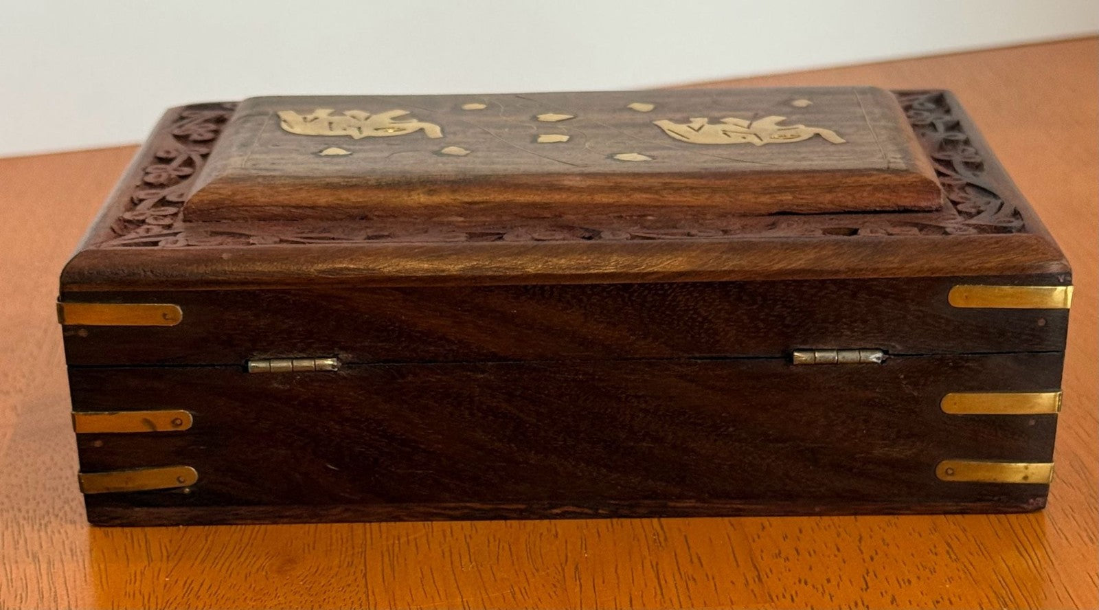 Vintage Hand Carved Wooden Jewelry Box with Brass Elephant Inlay 8x5