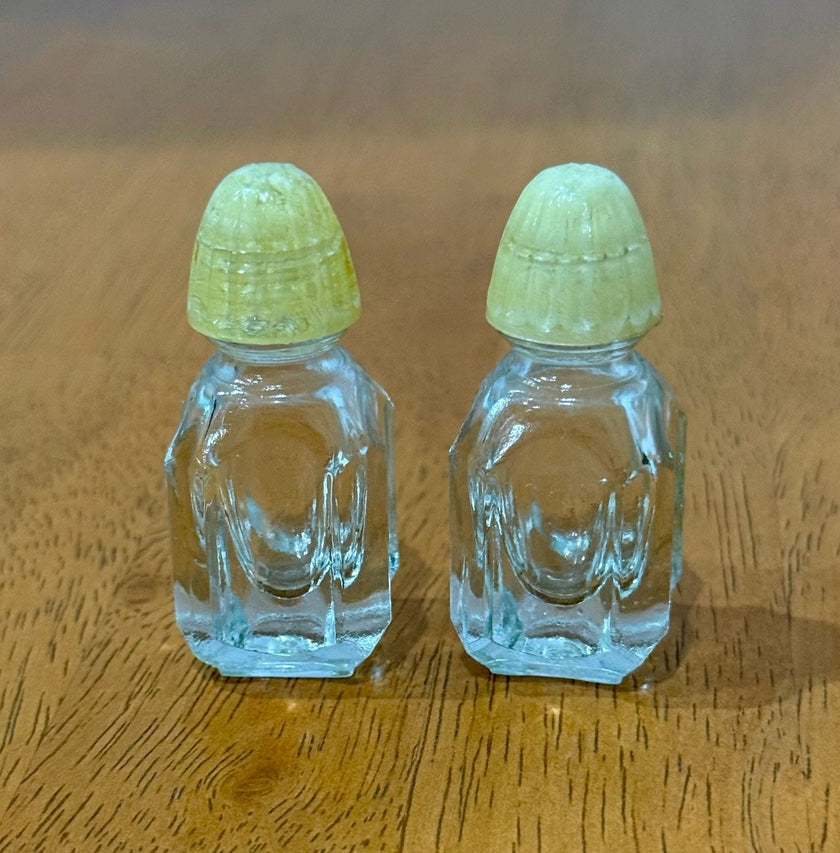 Vintage Petite Cut Glass Salt and Pepper Shakers with Yellow Plastic Lids