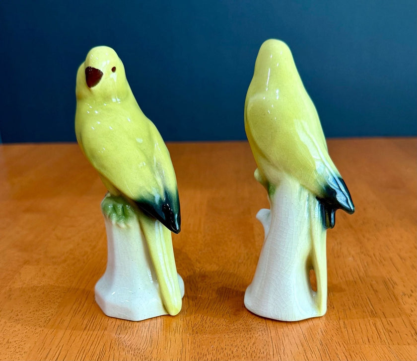 Vintage Set of 2 Yellow Parakeet Birds on Perches Ceramic Figurines