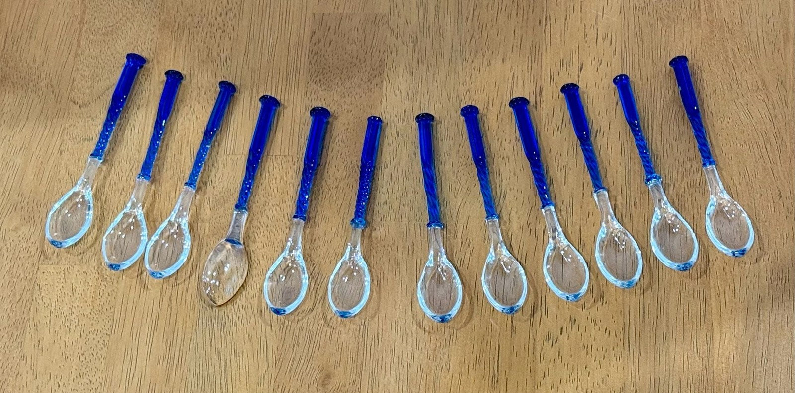 Vintage Hand Blown Art Glass Spoons Cobalt Blue Twisted Handles Set of 12