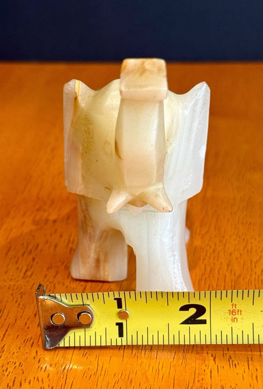 Vintage Hand-Carved Banded White Onyx Elephant Figurine Trunk Up Luck Stone