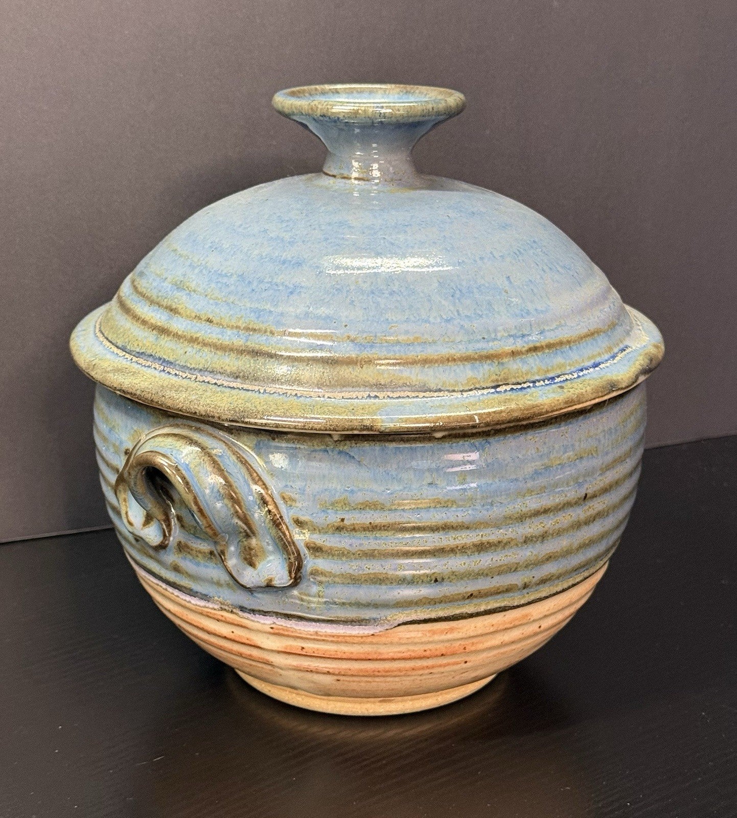 Vintage Earthenware Handmade Stoneware Pottery Lidded Crock Artisan Blue Brown