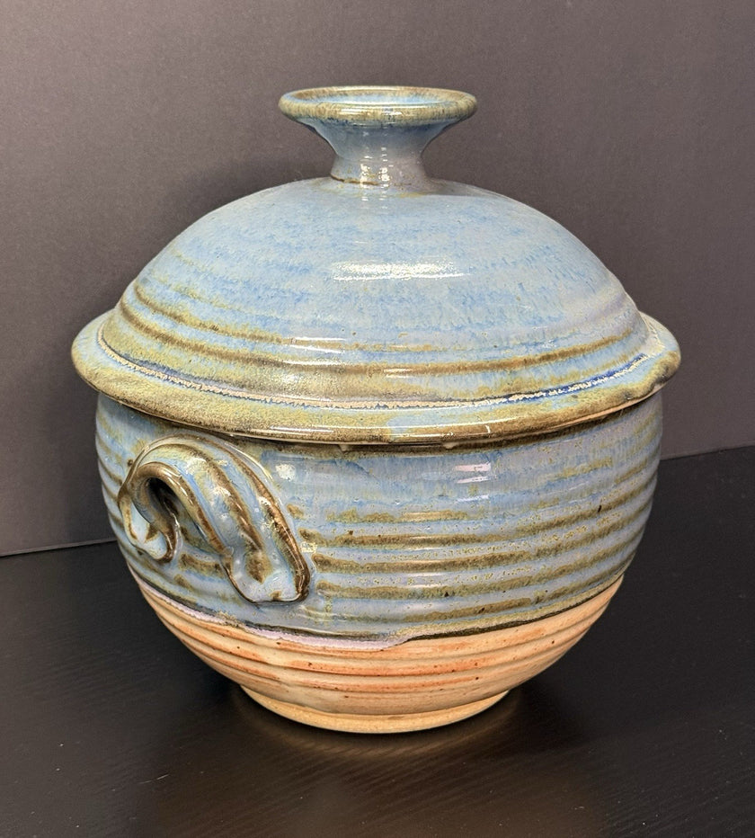 Vintage Earthenware Handmade Stoneware Pottery Lidded Crock Artisan Blue Brown